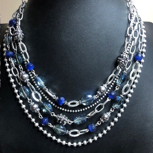 B2976 Chico's Multi Strand Necklace Blue Glass Beads Silver Tone Layered 16-20"