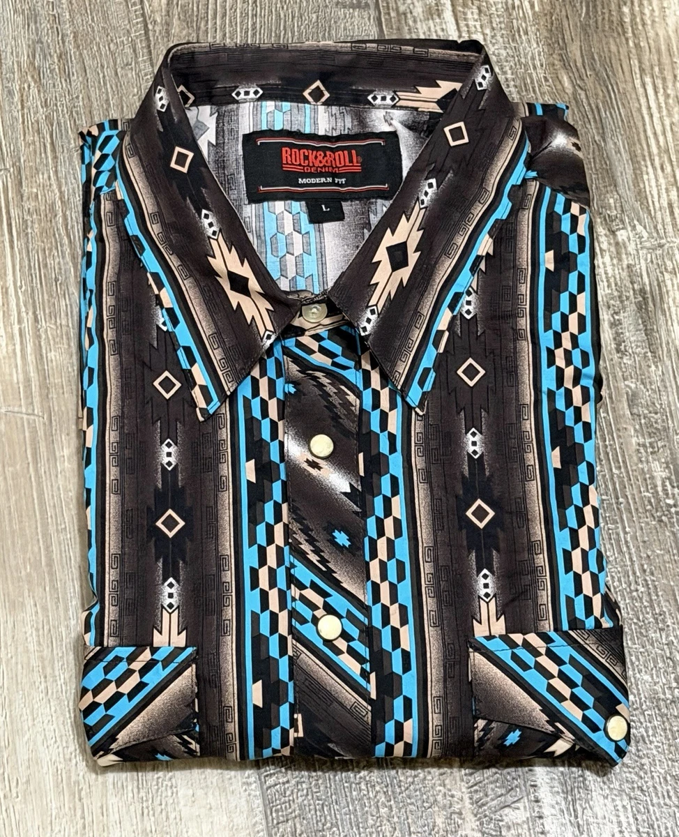 Chemise Rock & Roll Cowboy 2XL - Manches Courtes à Snaps - Bleu Cactus Avec Longhorn - 100% Coton