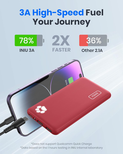 Slim USB C 10000mAh Power Bank with Flashlight for iPhone, Samsung, LG, iPad-Red - Photo 4 sur 6