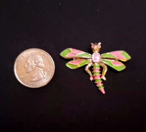Vintage Pink & Green Enamel Dragonfly Brooch Pin Fun Mid Century Modern Jewelry - Picture 5 of 7