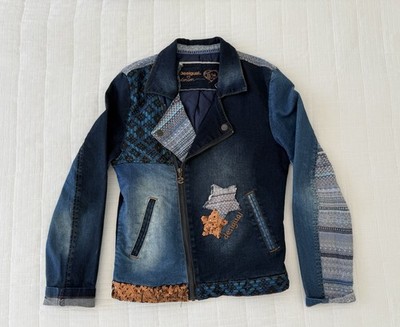 Desigual Girls Denim Jacket Size 13-14 Patchwork Sequins Boho Jean KPop costume 