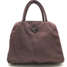 Good Condition PRADA Triangle Logo Plate Nylon Tessuto Hand Tote Bag Brown Women