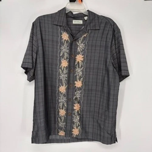 Caribbean Shirt Mens XL Grey Plaid Floral Embroidered Short Sleeve Button Down