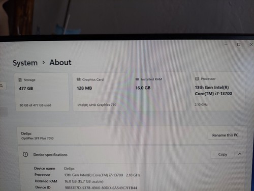Dell Optiplex SFF Plus 7010, i7-13700, 2.10GHz, 16GB RAM, 477GB NVMe Win11 pro, - Afbeelding 3 van 17