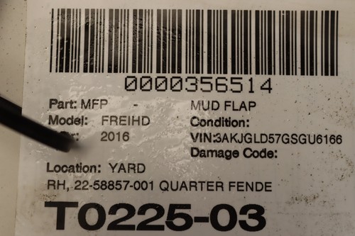 08-17 FREIGHTLINER CASCADIA EVOLUTION 125 REAR RIGHT QUARTER FENDER MUD FLAP OEM - Picture 7 of 7