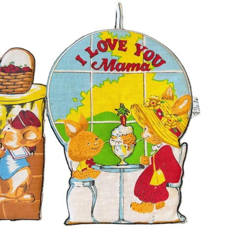 Vtg 1988 McCrory's Store Mothers Day Mouse Cotton Kitchen Hot Pad Set Of 2 - Picture 2 of 9