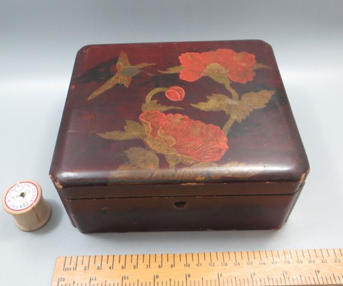 Caja japonesa lacada vintage - roja/borgoña - pájaro y flores 17x19,5 cm - Imagen 13 de 13