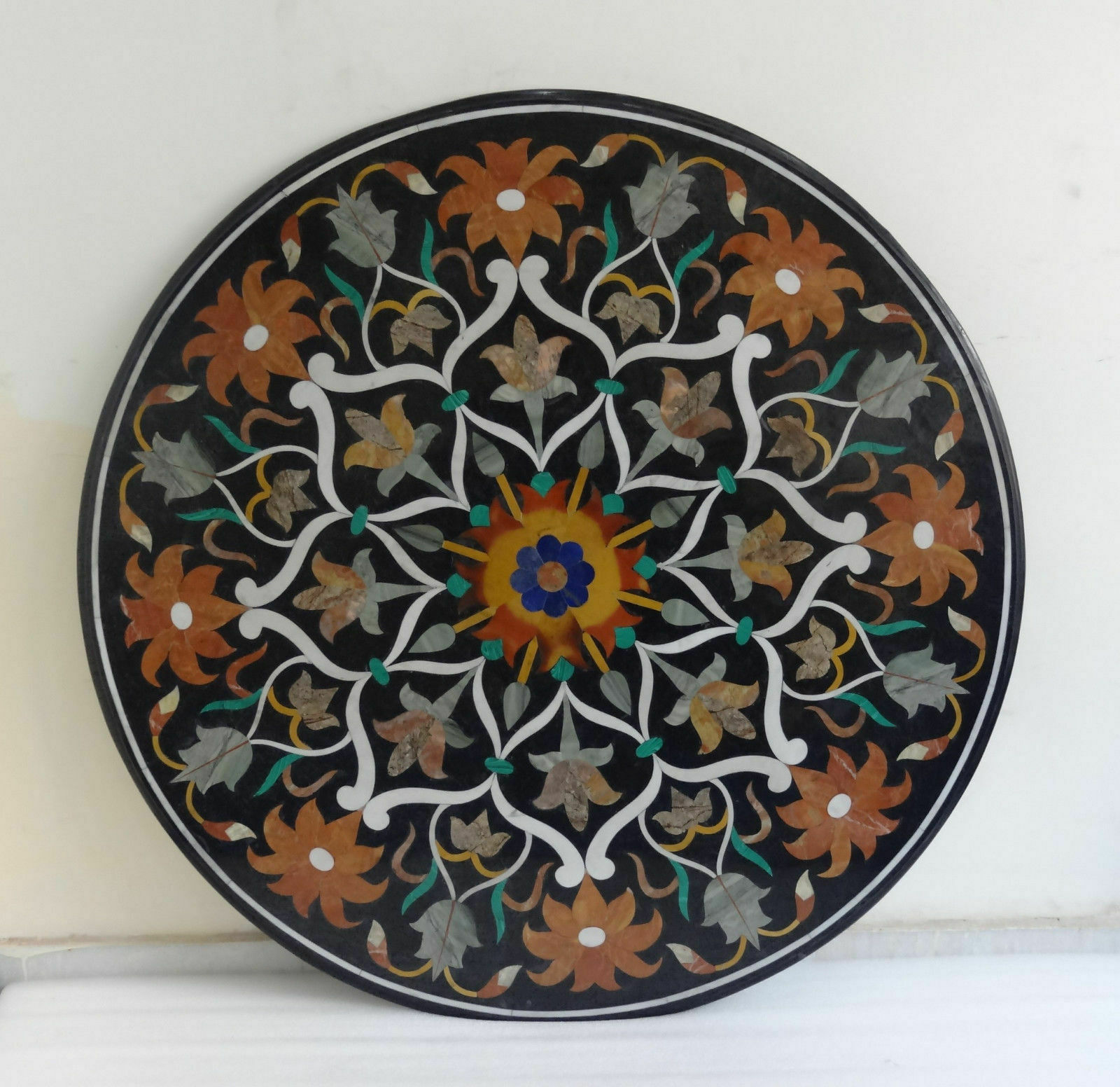 48-inch marble table top with pietra dura semi-precious stone inlay handcrafted art