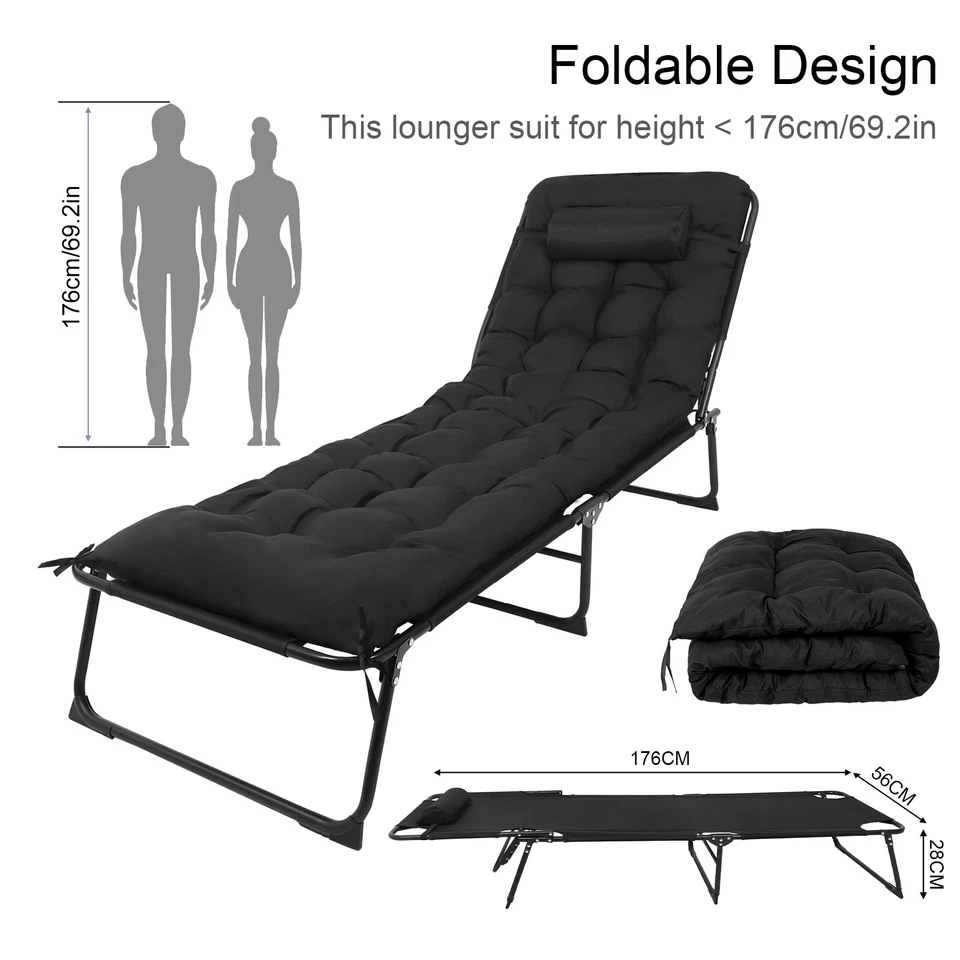 176cm Sonnenliege klappbar Gartenliege Strandliege mit Kissen Schwarz - Bild 2 von 4