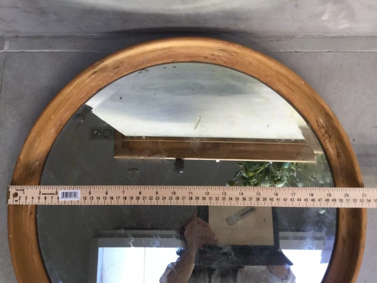 Antique Round Bevelled Edge Large mirror/tray with wooden frame Large 21”