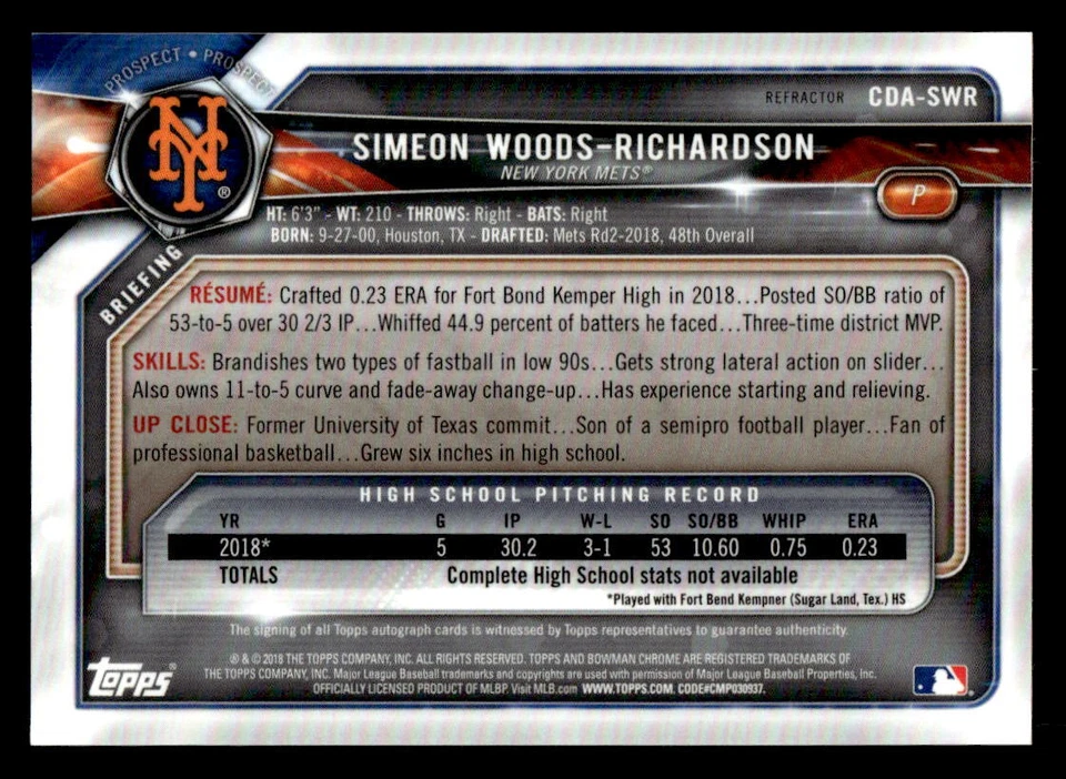 Simeon Woods-Richardson 2018 Bowman Draft #CDA-SWR Chrome Auto Refractor #/499 - Image 2 of 2