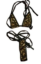 Gold Metallic And Black Micro Triangle Top  Tiny G-String Thong Bottom Bikini