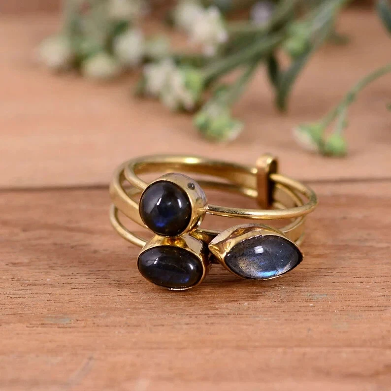 Fire Labradorite Gemstone Ring 925 Sterling Silver Three Stone Ring Antique Ring - Image 3 of 4