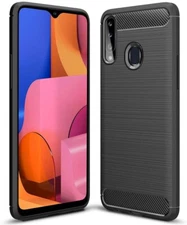 For SAMSUNG GALAXY A20S CARBON FIBER SHOCKPROOF CASE BLACK HEAVY DUTY COVER