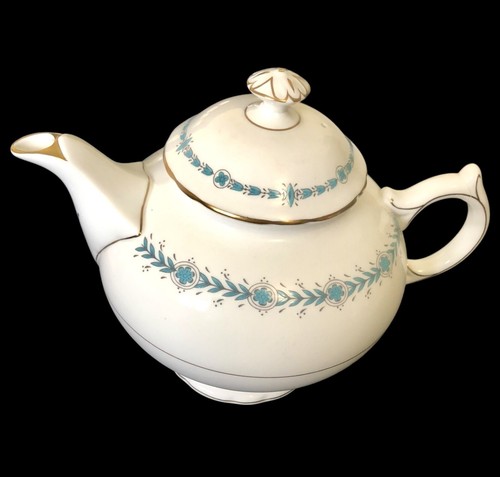 Coalport GENF "ATHEN" Teekanne Vintage Bone China Aqua Blau Blattgirlande 1940er - Bild 4 von 14