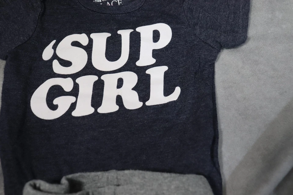 The Children's Place Boy's Gray Body Suit 'Sup Girl Gray Pants 0-3 Months - Image 2 of 3