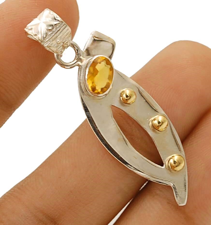 Natural Two Tone Golden Citrine 925 Sterling Silver Pendant Necklace 1.75 Inch