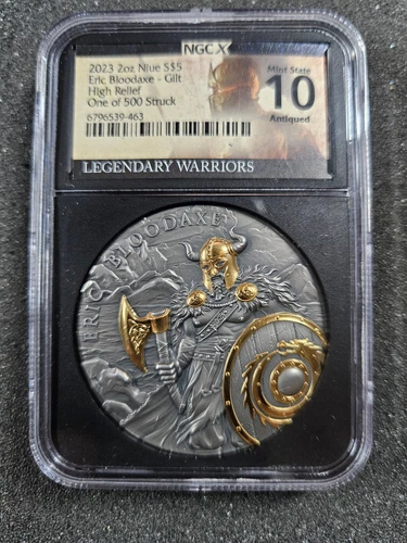 🌟 2023 $5 Niue Eric Bloodaxe 2 oz High Relief Silver Gold Gilded NGC-X 10