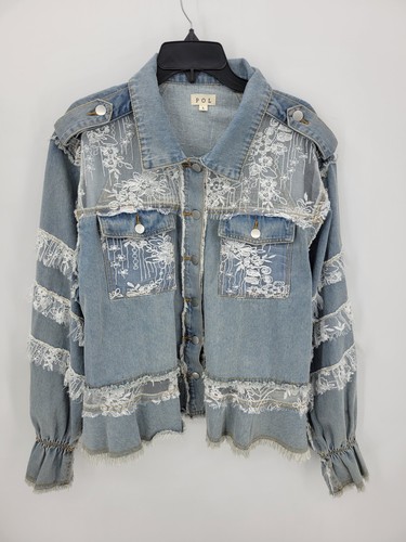 POL Anthropologie Jacket Womens Large Light Denim Lace Trim Boho Artsy Festival