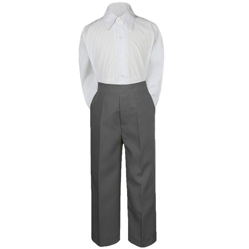 2pc Boys Baby Toddler Kids Teens Formal White Shirt Dark Gray Pants Set S-20 - Picture 1 of 2