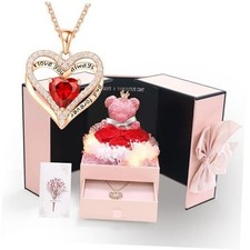 Preserved Rose Gift Box with Heart Necklace Eternal Real Rose Dainty Love Red