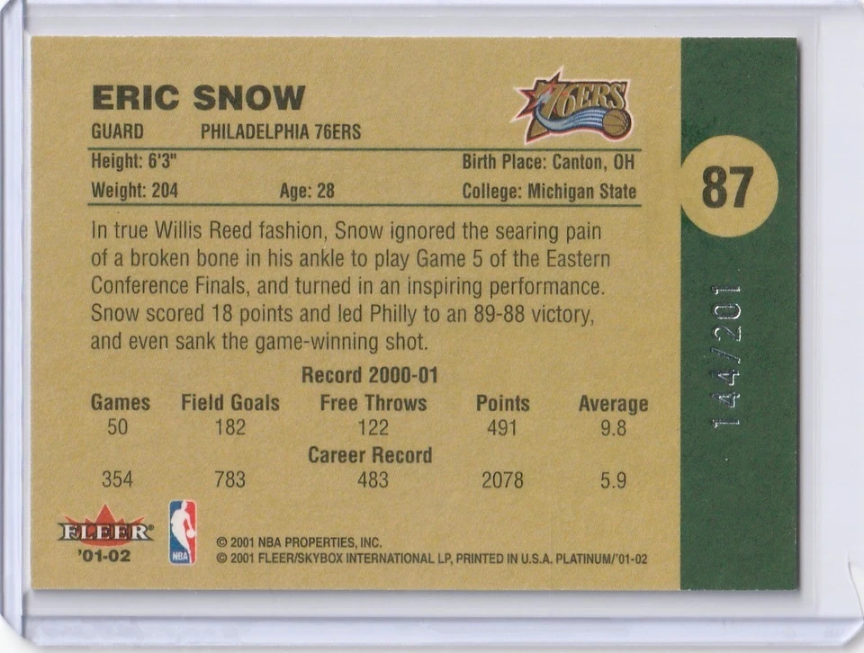 2001 - 02 Fleer 白金周年纪念版 /201 Eric Snow #87 — 第 2/2 张图片