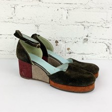 VTG Suede Leather Colorblock Multicolor Ankle Strap Platforms Wedge Heels 7.5N