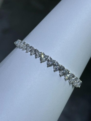 Platino Argento Sterling Bianco Zaffiro Forma Cuore Classico Braccialetto Tennis - Foto 3 di 18