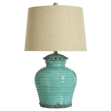 StyleCraft 24.5 in. Turquoise Table Lamp with Beige Hardback Linen Shade