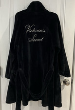 Victoria's Secret Women's M/L Black Plush Cozy Robe Embroidered Belted Pockets