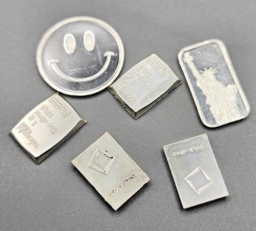 Mixed 1 Gram .999 Fine Silver Bars & Rounds – Lot  of 6– Valcambi Random Designs