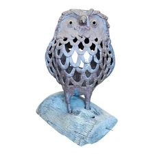 Vintage Cast Iron Owl Candle Lamp Lantern on Wood Base
