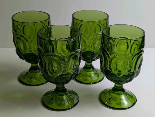 Moon & Stars L.E. Smith Depression Glass Vintage Green Goblets, Lot Of 4