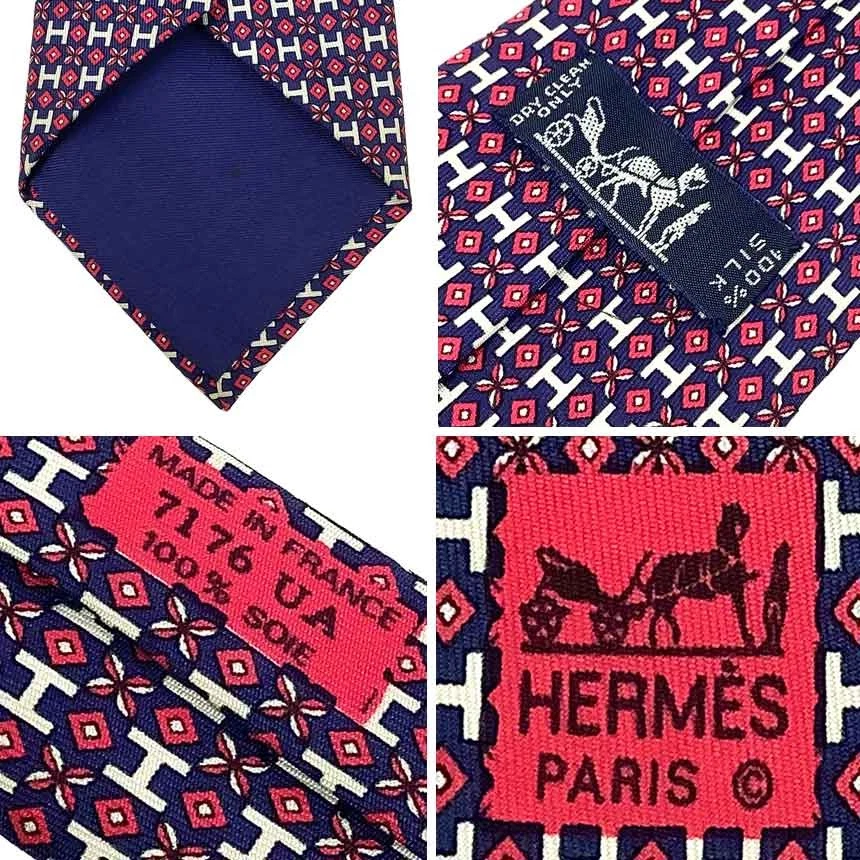 Corbata de sarga de seda HERMES patrón H azul marino x rosa, hecha en Francia Foto 3 de 3