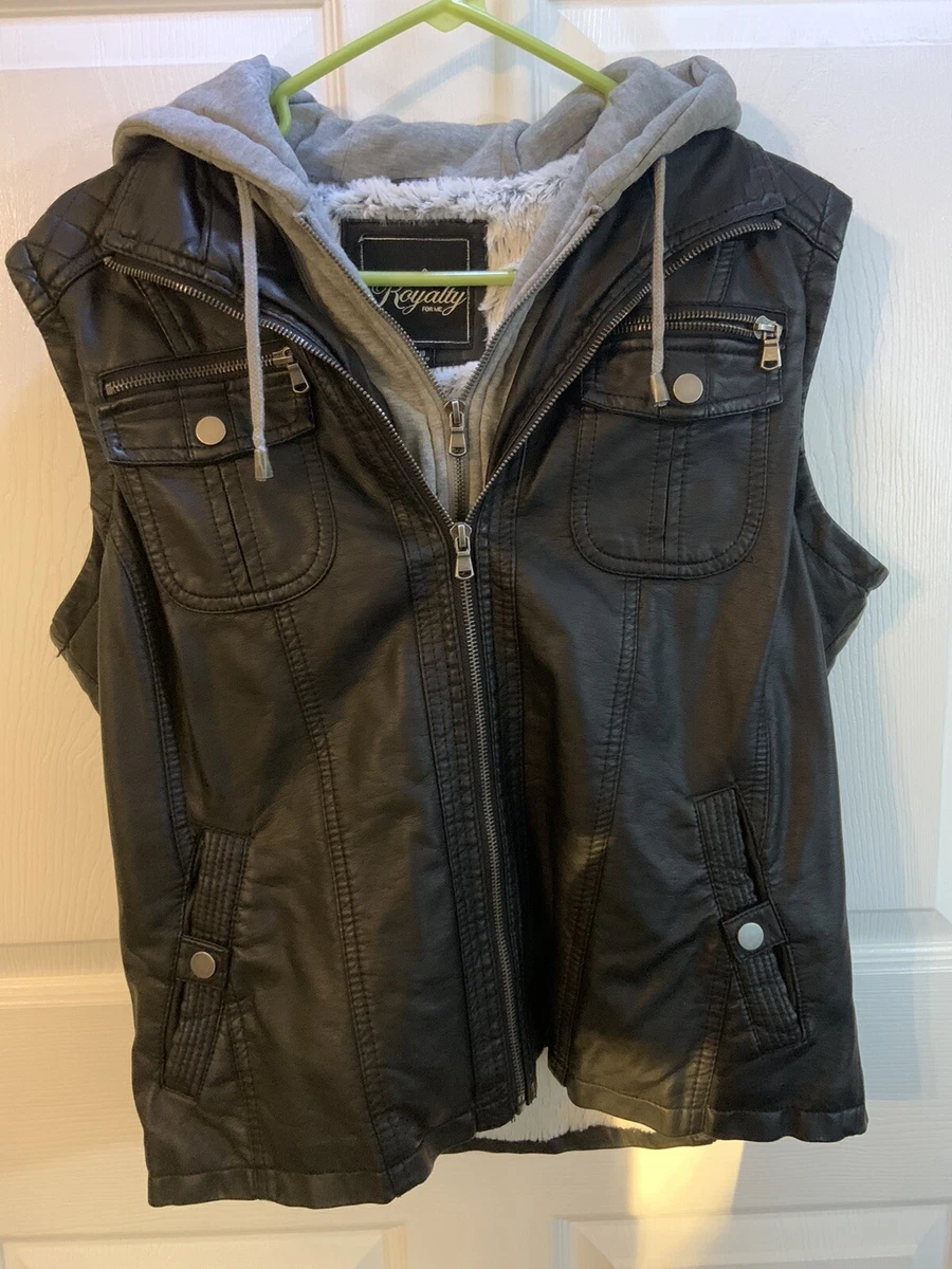 ROYALTY FOR ME BLACK FAUX LEATHER Vest FAUX FUR LINING Sz L Biker Style