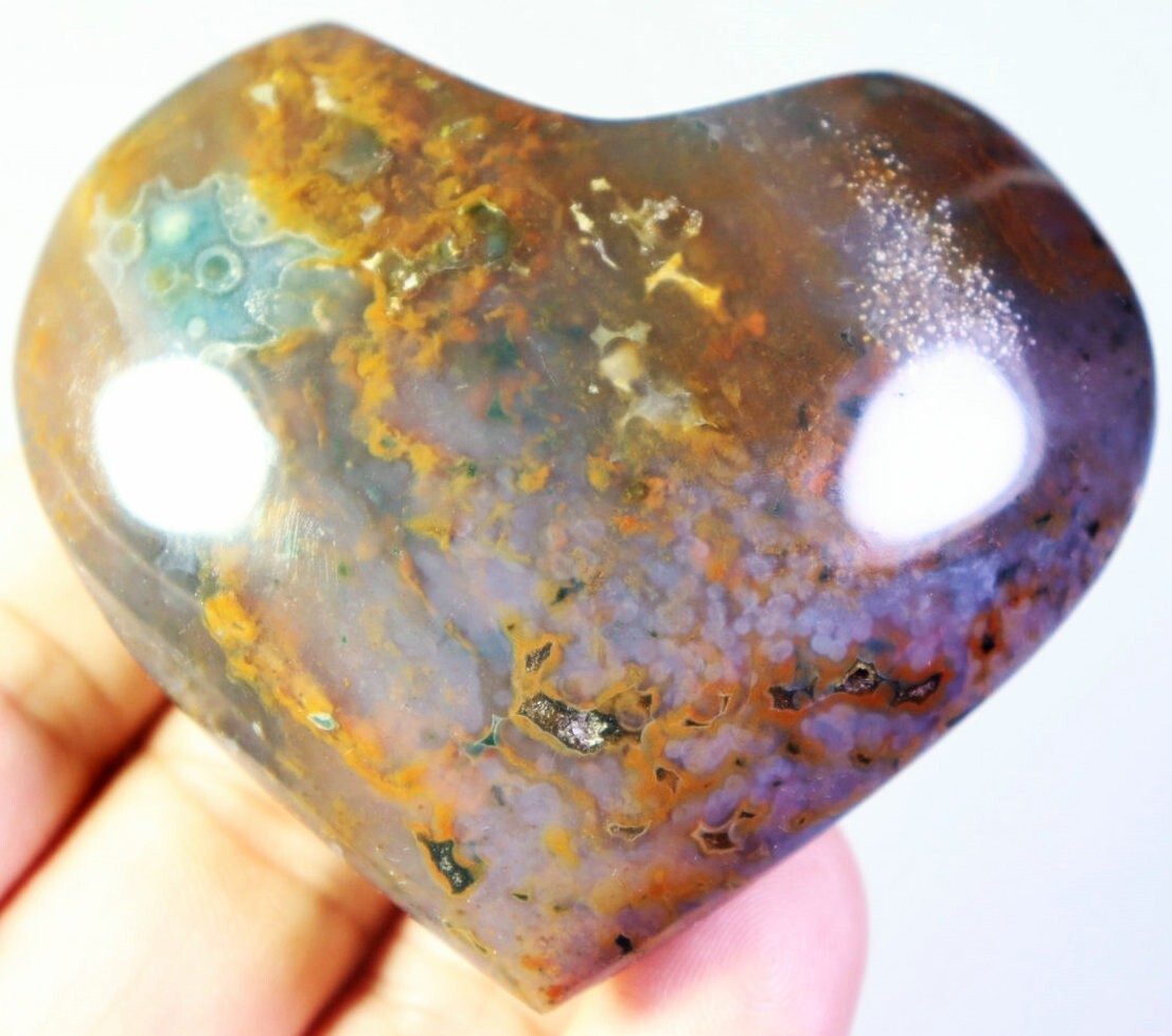 Natural Ocean Jasper Agate Quartz Crystal Palm Stone Heart Mineral Specimen