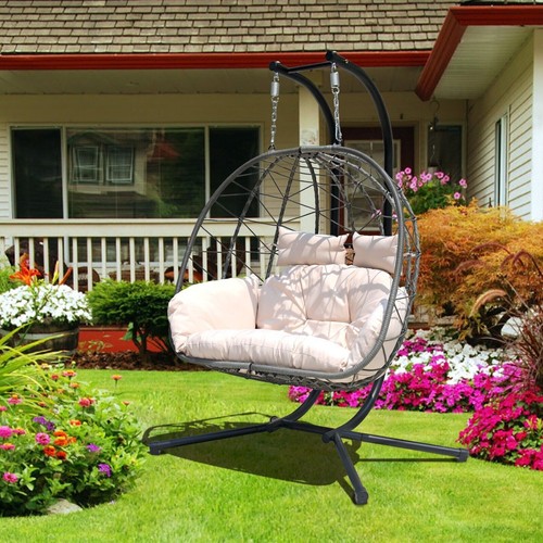 Hanging Swing Chair Stand Egg Chair 2 Person Wicker Chair w/Cushion Outdoor