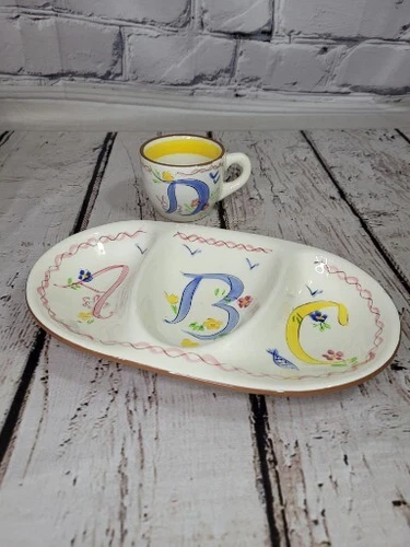 Vintage 1950s Stangl Kiddieware ABC Set Childs Divided Bowl and Cup