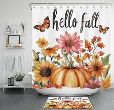 Yellow Sunflower Pumpkin Orange Fall Shower Curtain Bathroom Accessories Set