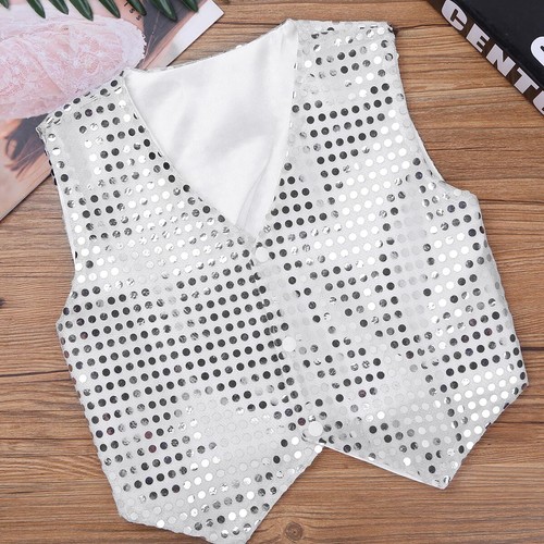 Kids Unisex Sparkly Shirt Hip Hop Jazz Disco Dance Jacket Shirt Vest Performance - Picture 86 of 340