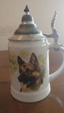 Bierkrug Schäferhund m. echt Zinndeckel, 0,5 Liter