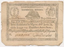 ITALIAN STATES (REPUBBLICA ROMANA) banknote 1 1/2 Paoli 1798 VF Very Fine