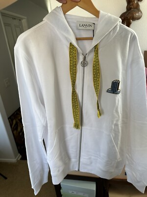 NWT LANVIN White Printed Logo Zip Cotton Hoodie Sweatshirt Size XL