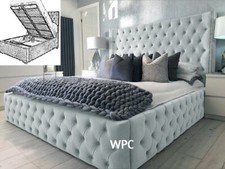 Image of Plush Velvet Studded Wing Back Storage Bed, Ottoman Gaslift Storage Bed