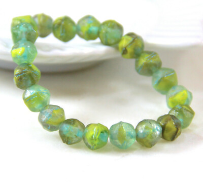 English Cut  8mm, Avocado, Peridot, Yellow w/Etched  & Turquoise Wash, 20 Pcs