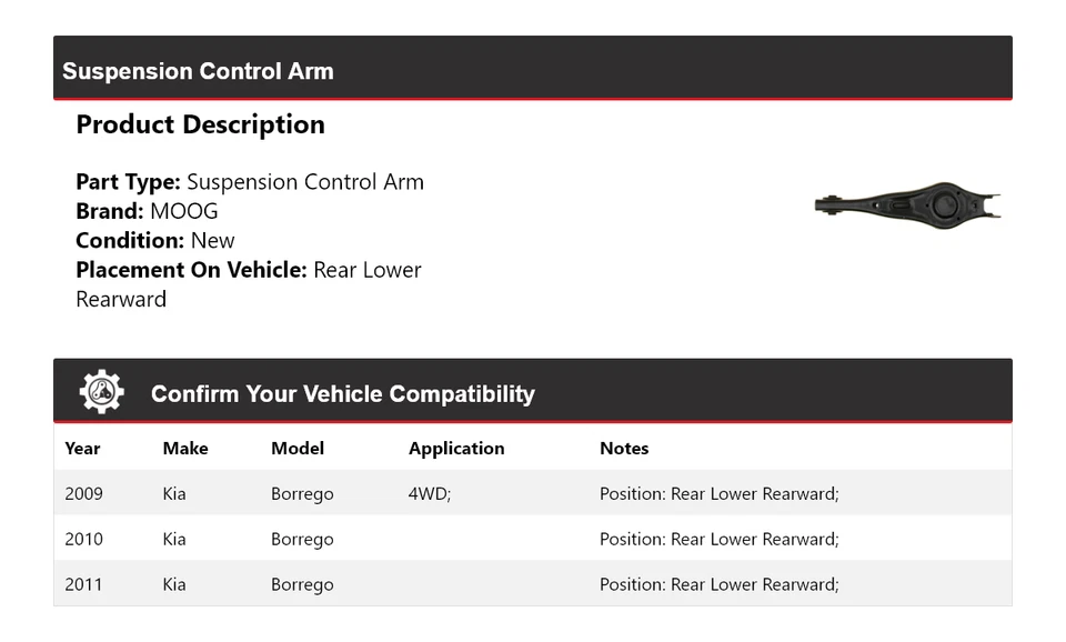 Brazo de control de suspensión trasero inferior trasero MOOG 2009-2011 para Kia Borrego Foto 2 de 4