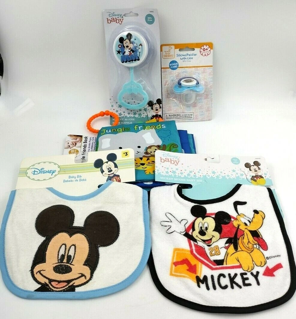 Baby Starter Pack Lot of 5 Items Disney Mickey Baby Raddle Bibs Pacifier crinkle