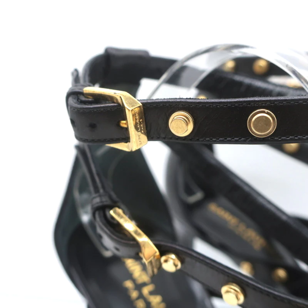 Sandali con borchie Saint Laurent Jerry in pelle nera taglia 39 tacchi con cinturini NUOVI