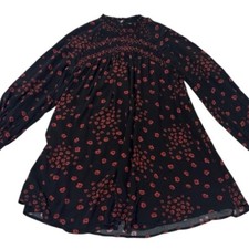 Free People Mini Dress Tunic Floral Print Long Sleeve Smocked Neck Black Size S