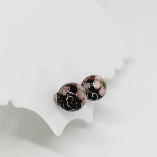 Vintage Dainty Stud Earrings Multi-Color Enamel Cloisonne Floral Round Black - Picture 4 of 6